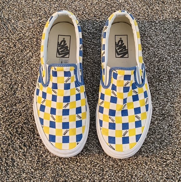 Vans  Checkered Slip-On Shoes - Blue and Yellow Men Size 7 Women's 8.5 - Picture 1 of 7